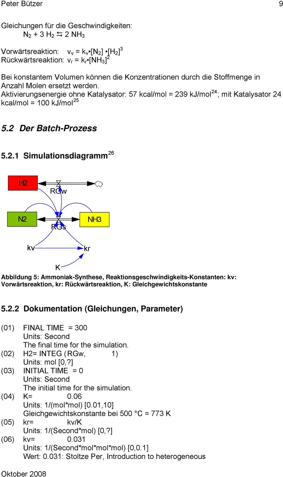 2 Der Batch-Prozess 5.2.1 Simulationsdiagramm 26 H2 RGw N2 RGs NH3 kv kr K Abbildung 5: Ammoniak-Synthese, Reaktionsgeschwindigkeits-Konstanten: kv: Vorwärtsreaktion, kr: Rückwärtsreaktion, K: Gleichgewichtskonstante 5.