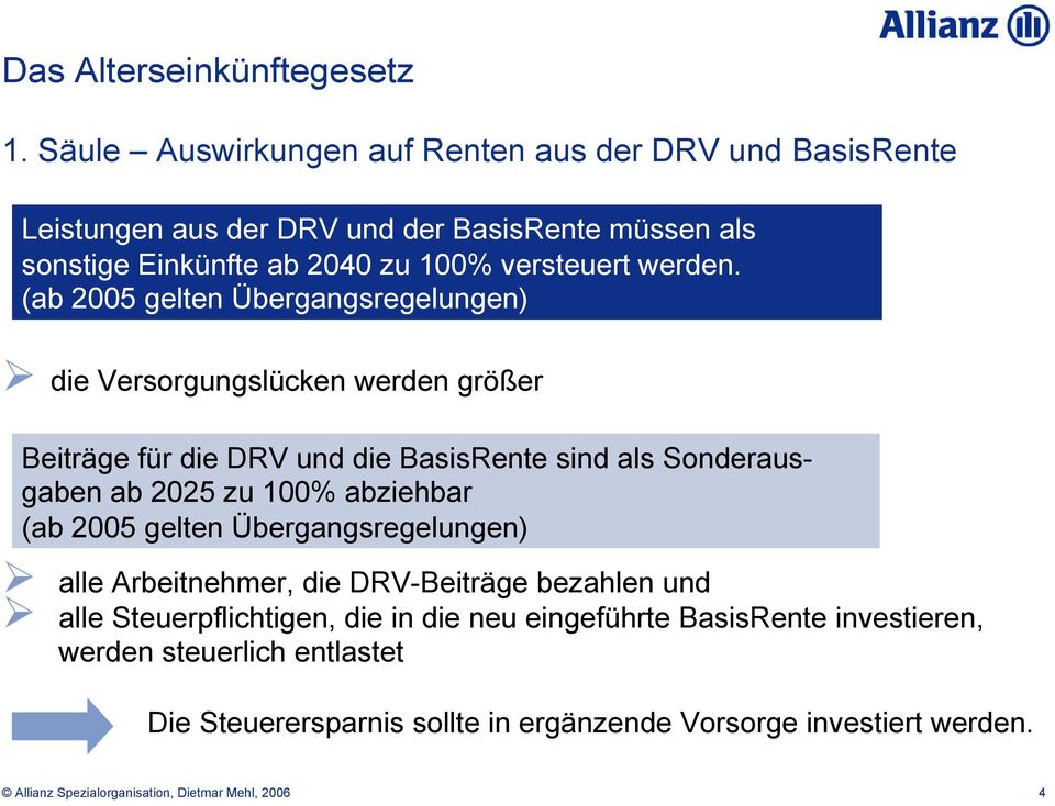 (ab 2005 gelten Übergangsregelungen) die Versorgungslücken werden größer Beiträge für die DRV und die BasisRente sind als Sonderausgaben ab 2025 zu 100%