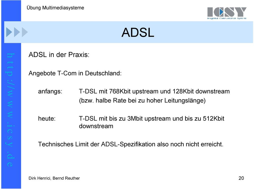 halbe Rate bei zu hoher Leitungslänge) T-DSL mit bis zu 3Mbit upstream und