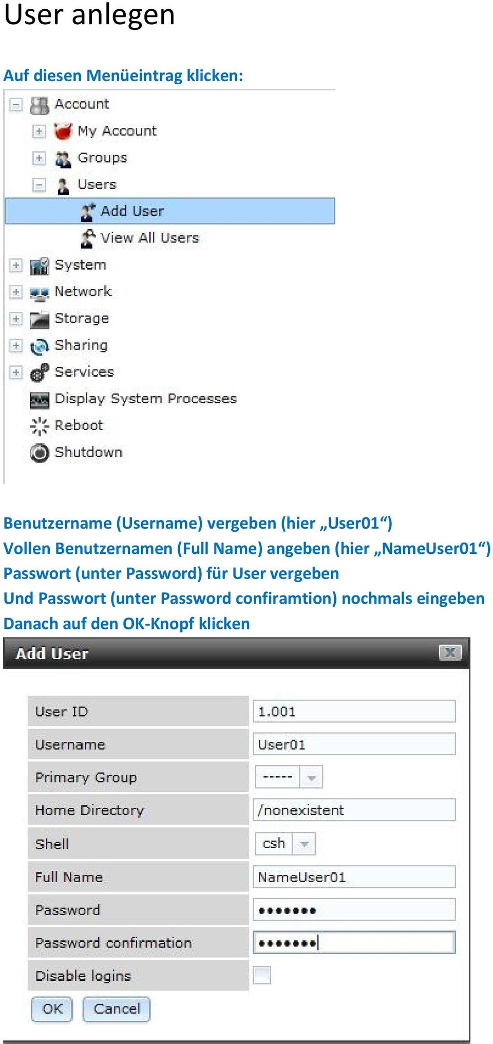 NameUser01 ) Passwort (unter Password) für User vergeben Und Passwort