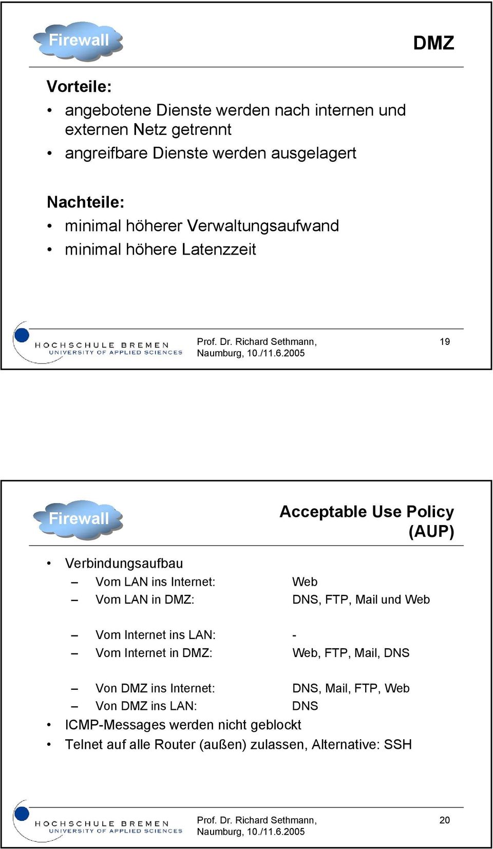 Verbindungsaufbau Vom LAN ins Internet: Vom LAN in DMZ:,, und Vom Internet ins LAN: - Vom Internet in DMZ:,,, Von DMZ