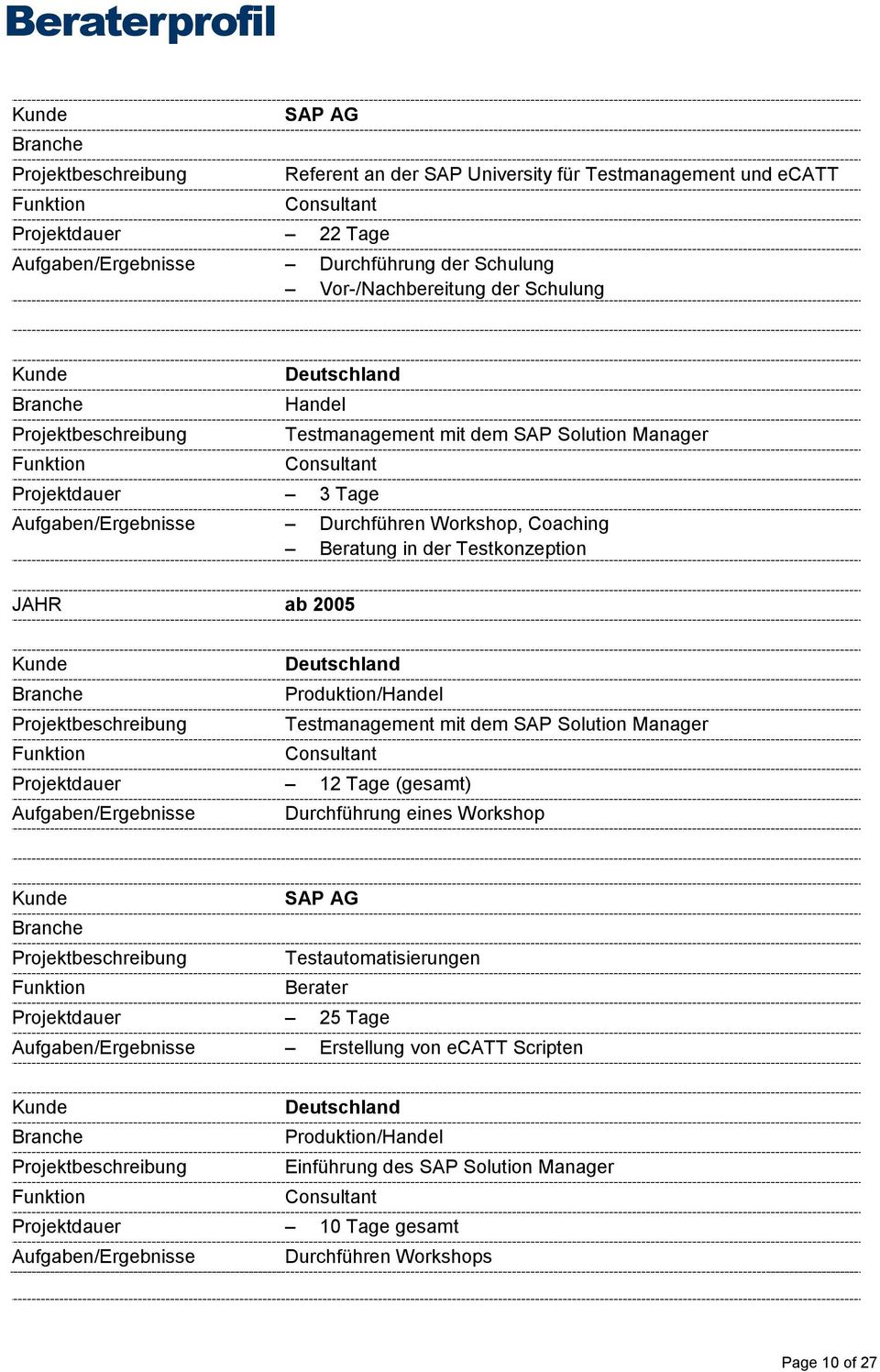 Produktion/ Testmanagement mit dem SAP Solution Manager Projektdauer 12 Tage (gesamt) Aufgaben/Ergebnisse Durchführung eines Workshop Testautomatisierungen Berater