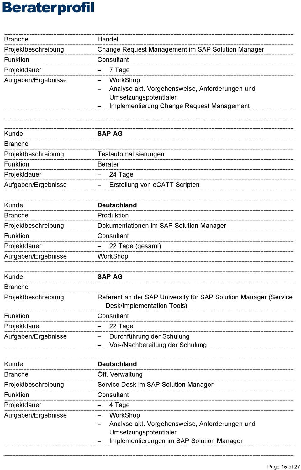 Aufgaben/Ergebnisse WorkShop Referent an der SAP University für SAP Solution Manager (Service Desk/Implementation Tools) Projektdauer 22 Tage