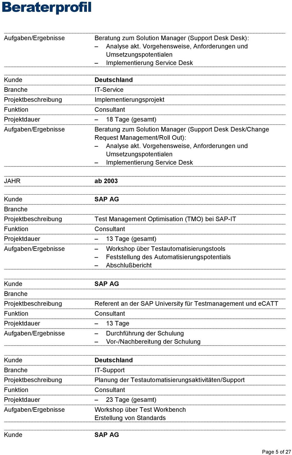 Feststellung des Automatisierungspotentials Abschlußbericht Referent an der SAP University für Testmanagement und ecatt Projektdauer 13 Tage Aufgaben/Ergebnisse Durchführung der Schulung