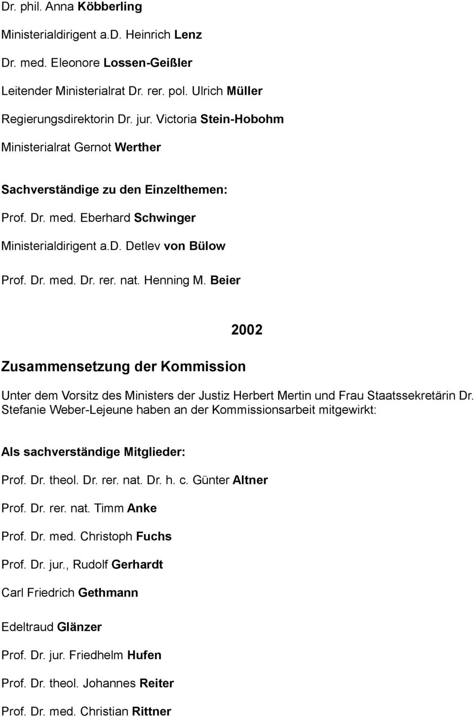Henning M. Beier Zusammensetzung der Kommission 2002 Unter dem Vorsitz des Ministers der Justiz Herbert Mertin und Frau Staatssekretärin Dr.