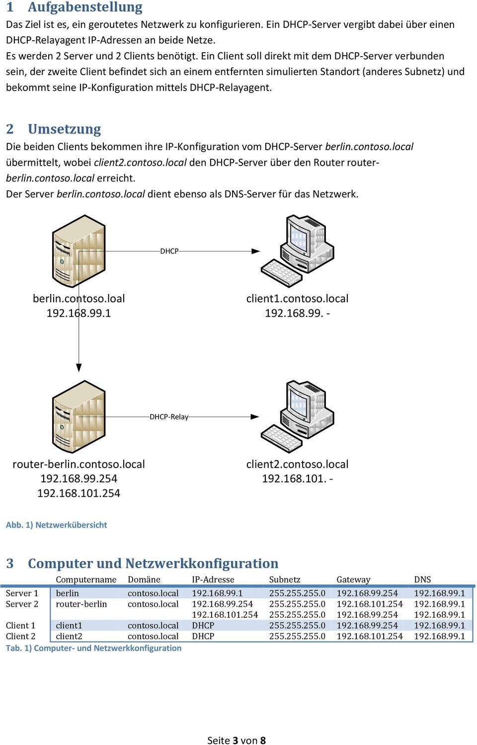 Ein Client soll direkt mit dem DHCP-Server verbunden sein, der zweite Client befindet sich an einem entfernten simulierten Standort (anderes Subnetz) und bekommt seine IP-Konfiguration mittels