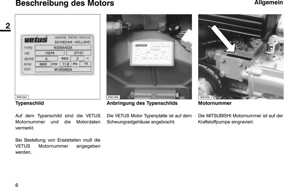 Die VETUS Motor Typenplatte ist auf dem Schwungradgehäuse angebracht.