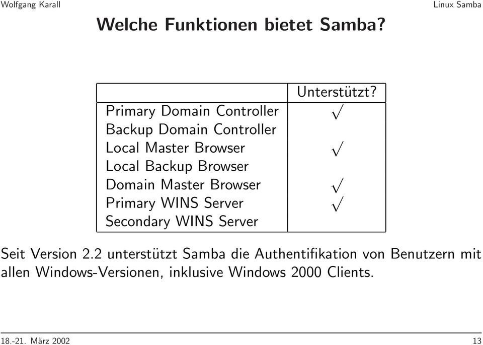 Browser Domain Master Browser Primary WINS Server Secondary WINS Server Unterstützt?