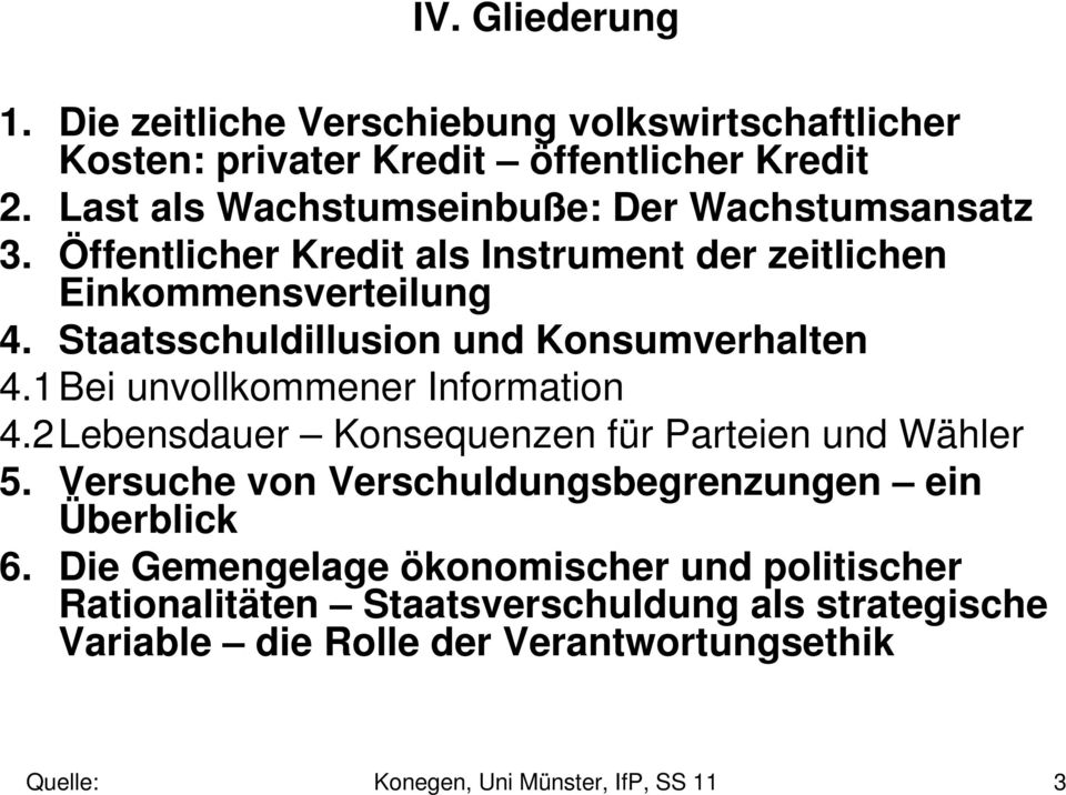Staatsschuldillusion und Konsumverhalten 4.1 Bei unvollkommener Information 4.2Lebensdauer Konsequenzen für Parteien und Wähler 5.