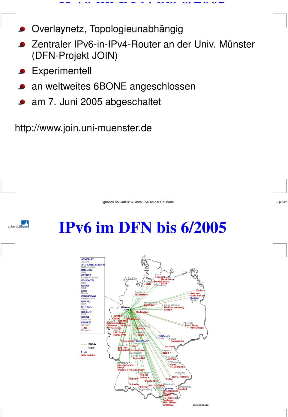 Münster (DFN-Projekt JOIN) Experimentell an weltweites 6BONE