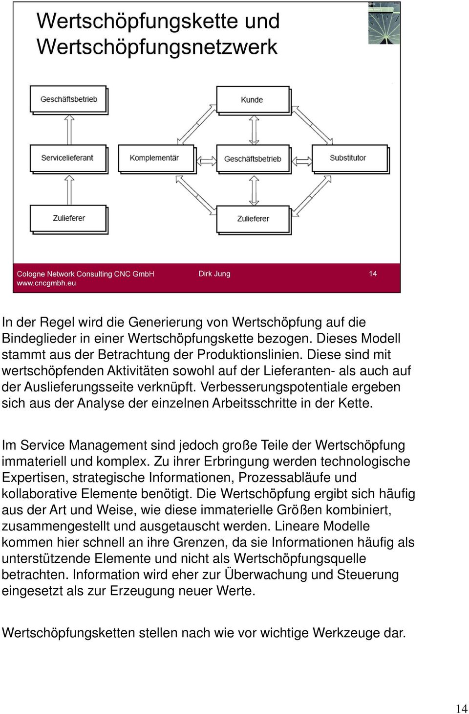 Verbesserungspotentiale ergeben sich aus der Analyse der einzelnen Arbeitsschritte in der Kette. Im Service Management sind jedoch große Teile der Wertschöpfung immateriell und komplex.