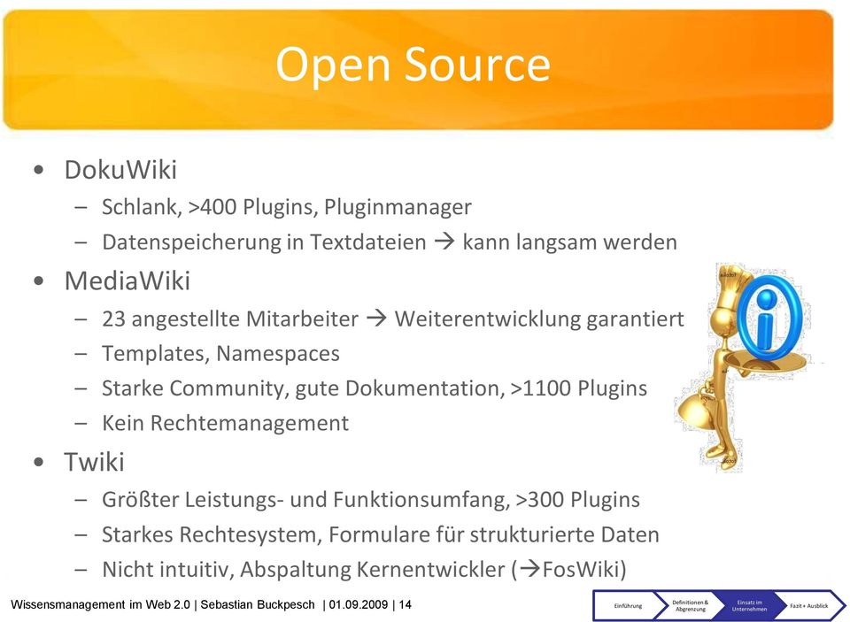 Plugins Kein Rechtemanagement Twiki Größter Leistungs- und Funktionsumfang, >300 Plugins Starkes Rechtesystem, Formulare für