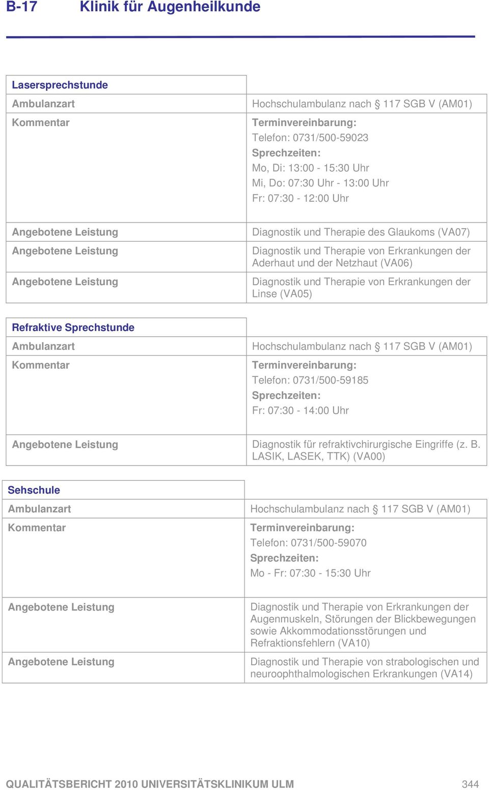 Refraktive Sprechstunde Ambulanzart Kommentar Hochschulambulanz nach 117 SGB V (AM01) Terminvereinbarung: Telefon: 0731/500-59185 Sprechzeiten: Fr: 07:30-14:00 Uhr Diagnostik für