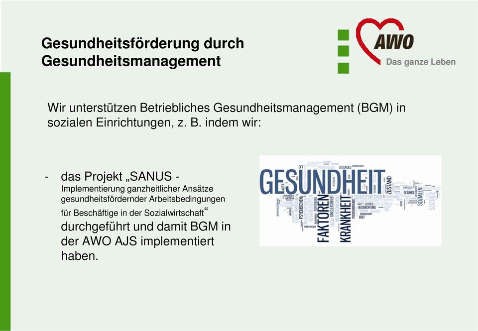 indem wir: - das Projekt SANUS - Implementierung ganzheitlicher Ansätze