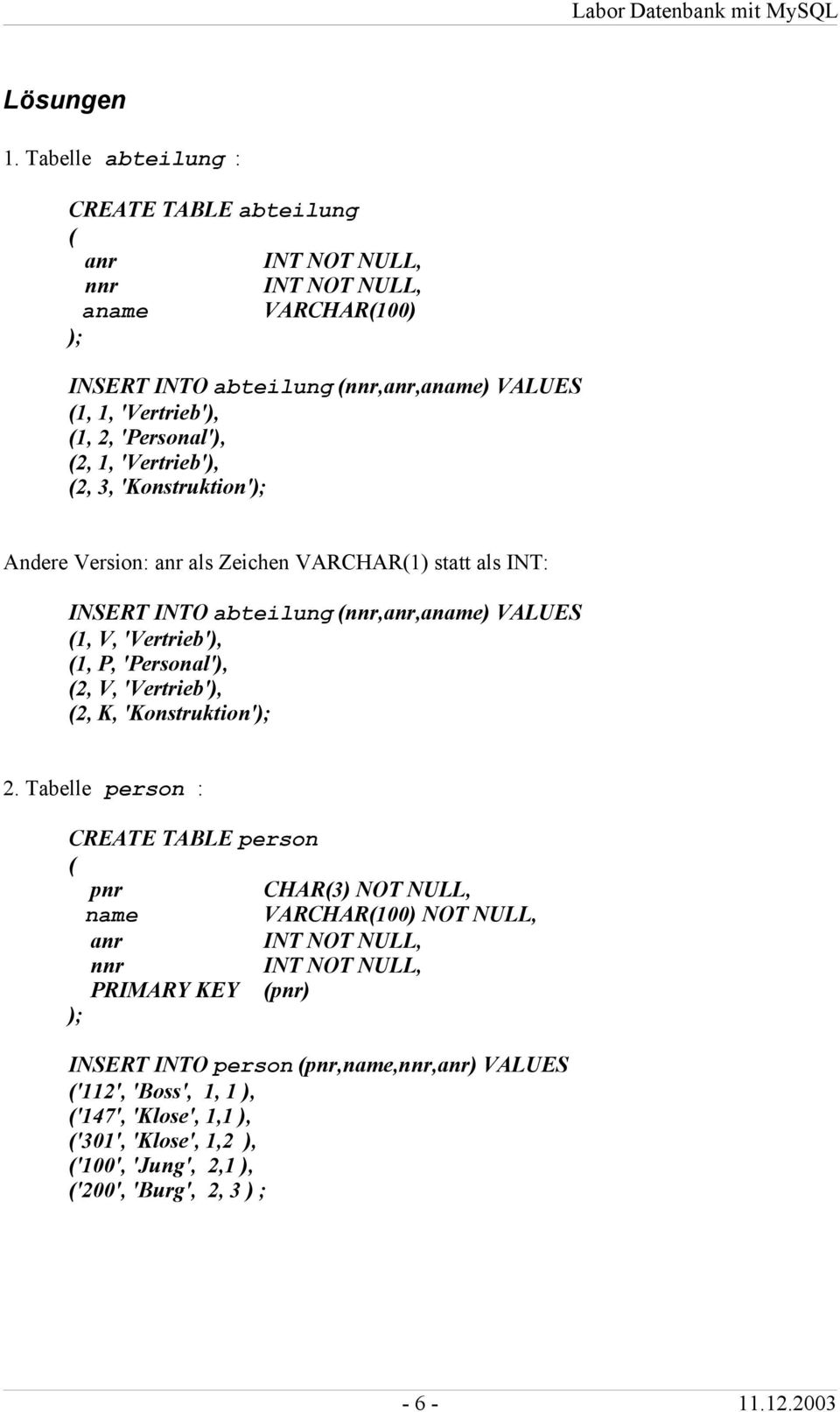 'Vertrieb'), 2, 3, 'Konstruktion' Andere Version: anr als Zeichen VARCHAR1) statt als INT: INSERT INTO abteilung nnr,anr,aname) VALUES 1, V, 'Vertrieb'), 1, P,