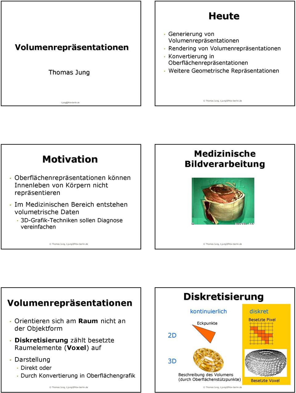 Repräsentationen Motivation Oberflächenrepräsentationen können Innenleben von Körpern nicht repräsentieren Im Medizinischen Bereich entstehen volumetrische Daten 3D-Grafik-Techniken sollen