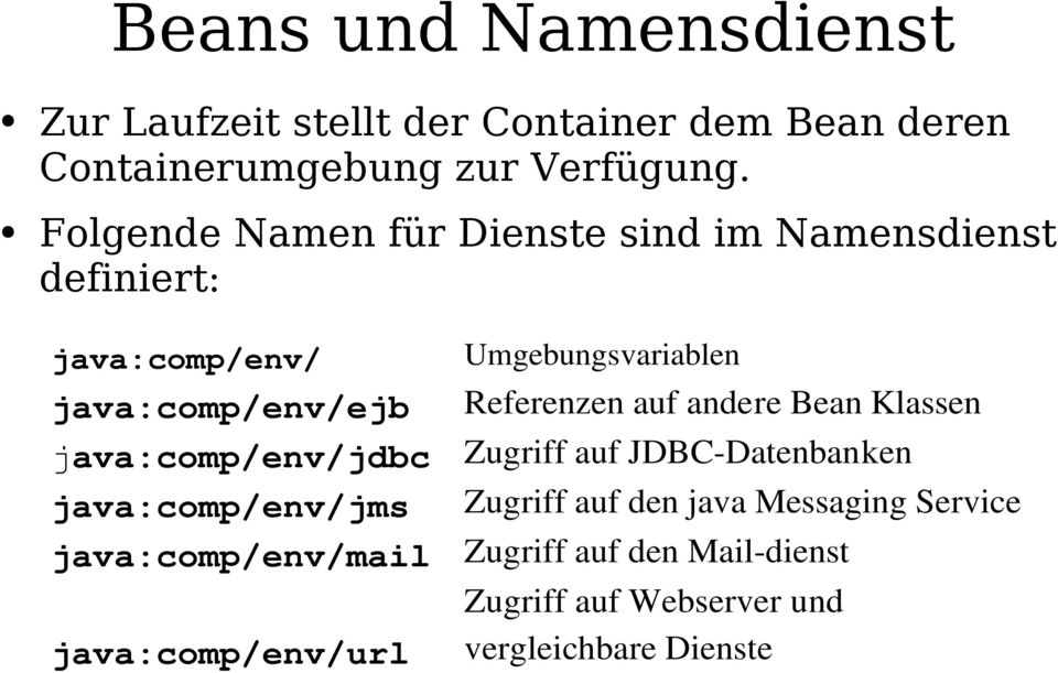 java:comp/env/jms java:comp/env/mail java:comp/env/url Umgebungsvariablen Referenzen auf andere Bean Klassen Zugriff