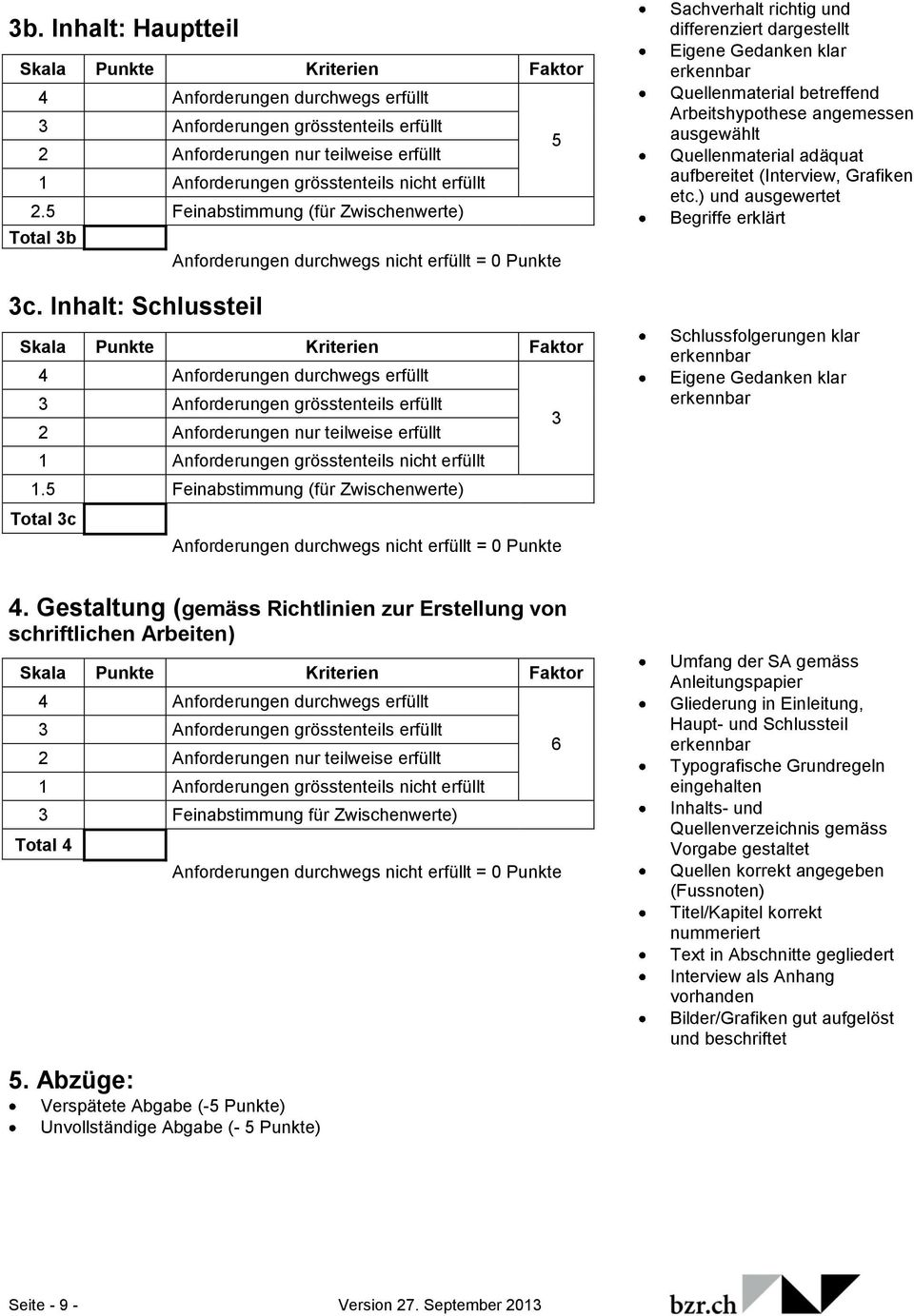 Inhalt: Schlussteil Skala Punkte Kriterien Faktor 4 Anforderungen durchwegs erfüllt 3 Anforderungen grösstenteils erfüllt 3 2 Anforderungen nur teilweise erfüllt 1 Anforderungen grösstenteils nicht