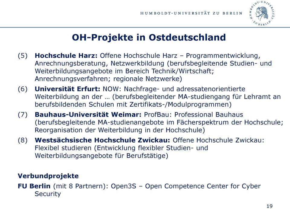 berufsbildenden Schulen mit Zertifikats-/Modulprogrammen) (7) Bauhaus-Universität Weimar: ProfBau: Professional Bauhaus (berufsbegleitende MA-studienangebote im Fächerspektrum der Hochschule;