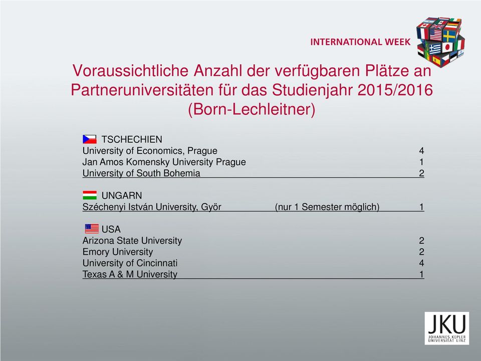 1 University of South Bohemia 2 UNGARN Széchenyi István University, Györ (nur 1 Semester möglich) 1