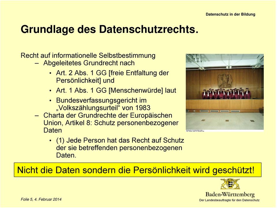 1 GG [Menschenwürde] laut Bundesverfassungsgericht im Volkszählungsurteil von 1983 Charta der Grundrechte der Europäischen Union,