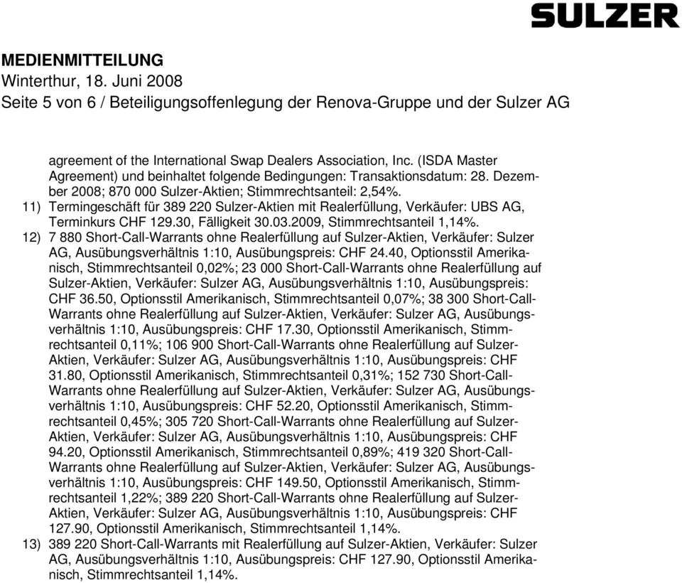 11) Termingeschäft für 389 220 Sulzer-Aktien mit Realerfüllung, Verkäufer: UBS AG, Terminkurs CHF 129.30, Fälligkeit 30.03.2009, Stimmrechtsanteil 1,14%.