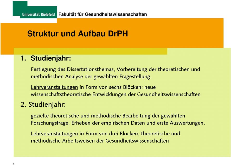 Lehrveranstaltungen in Form von sechs Blöcken: neue wissenschaftstheoretische Entwicklungen der Gesundheitswissenschaften 2.