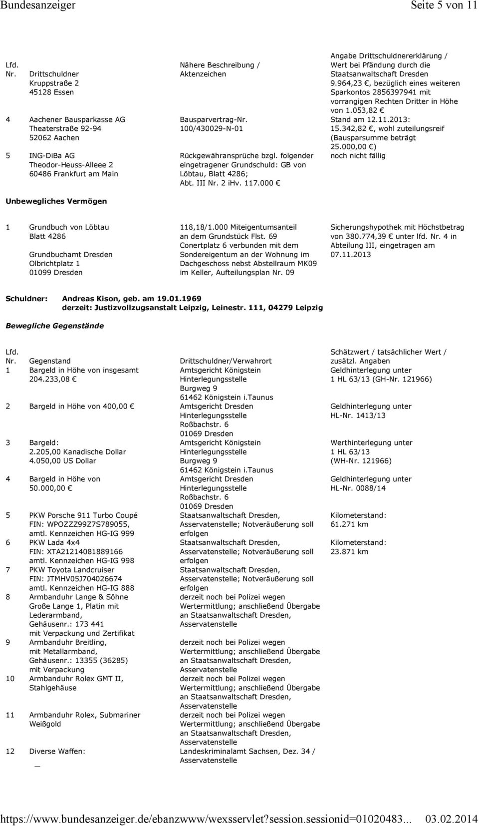 Bausparvertrag-Nr. 100/430029-N-01 Rückgewähransprüche bzgl. folgender eingetragener Grundschuld: GB von Löbtau, Blatt 4286; Abt. III Nr. 2 ihv. 117.