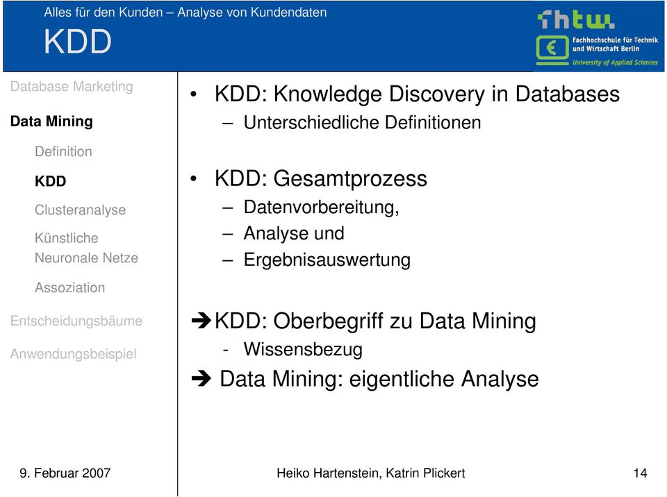 Datenvorbereitung, Analyse und Ergebnisauswertung Assoziation KDD: Oberbegriff