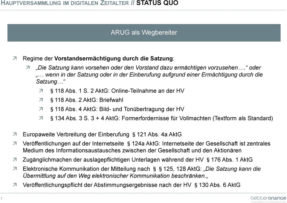 4 AktG: Bild- und Tonübertragung der HV 134 Abs. 3 S. 3 + 4 AktG: Formerfordernisse für Vollmachten (Textform als Standard) Europaweite Verbreitung der Einberufung 121 Abs.