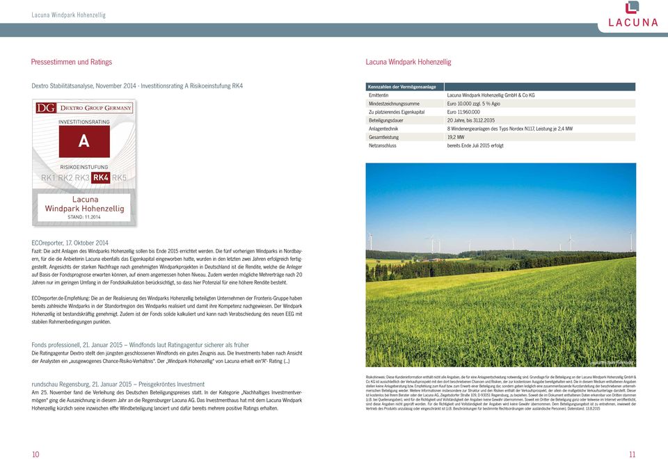 Vermögensanlage Emittentin Lacuna Windpark Hohenzellig GmbH & Co KG Mindestzeichnungssumme Euro 10.000 zzgl. 5 % Agio Zu platzierendes Eigenkapital Euro 11.960.000 Beteiligungsdauer 20 Jahre, bis 31.