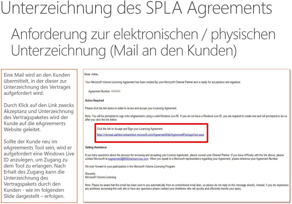 Durch Klick auf den Link zwecks Akzeptanz und Unterzeichnung des Vertragspaketes wird der Kunde auf die eagreements Website geleitet.