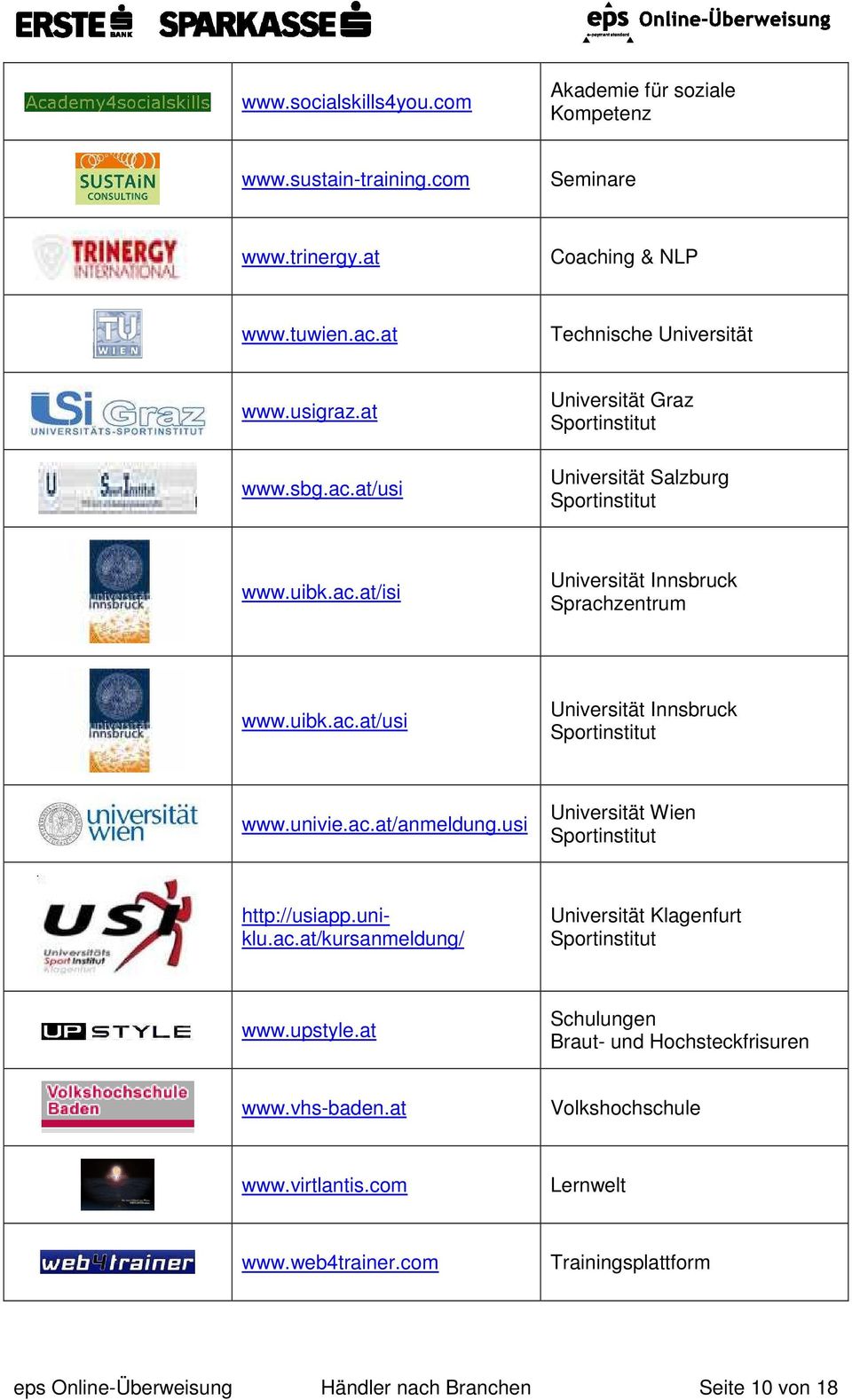 univie.ac.at/anmeldung.usi Universität Wien Sportinstitut http://usiapp.uniklu.ac.at/kursanmeldung/ Universität Klagenfurt Sportinstitut www.upstyle.