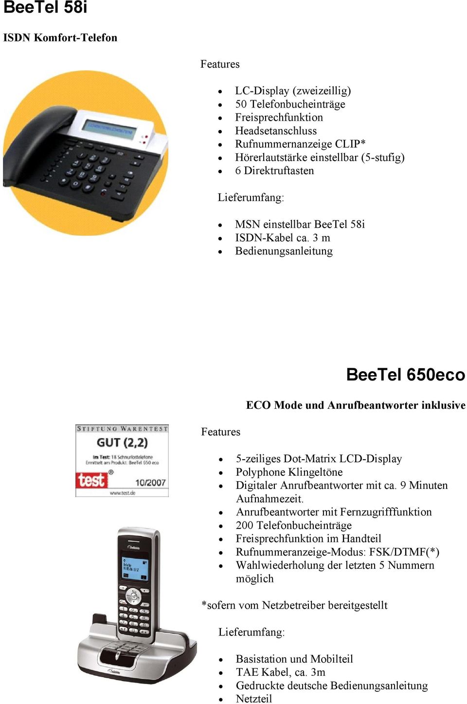 3 m Bedienungsanleitung BeeTel 650eco ECO Mode und Anrufbeantworter inklusive 5-zeiliges Dot-Matrix LCD-Display Polyphone Klingeltöne Digitaler Anrufbeantworter mit ca.