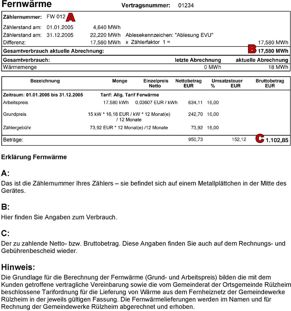 Vereinbarung sowie die vom Gemeinderat der Ortsgemeinde Rülzheim beschlossene Tarifordnung für die Lieferung von Wärme aus