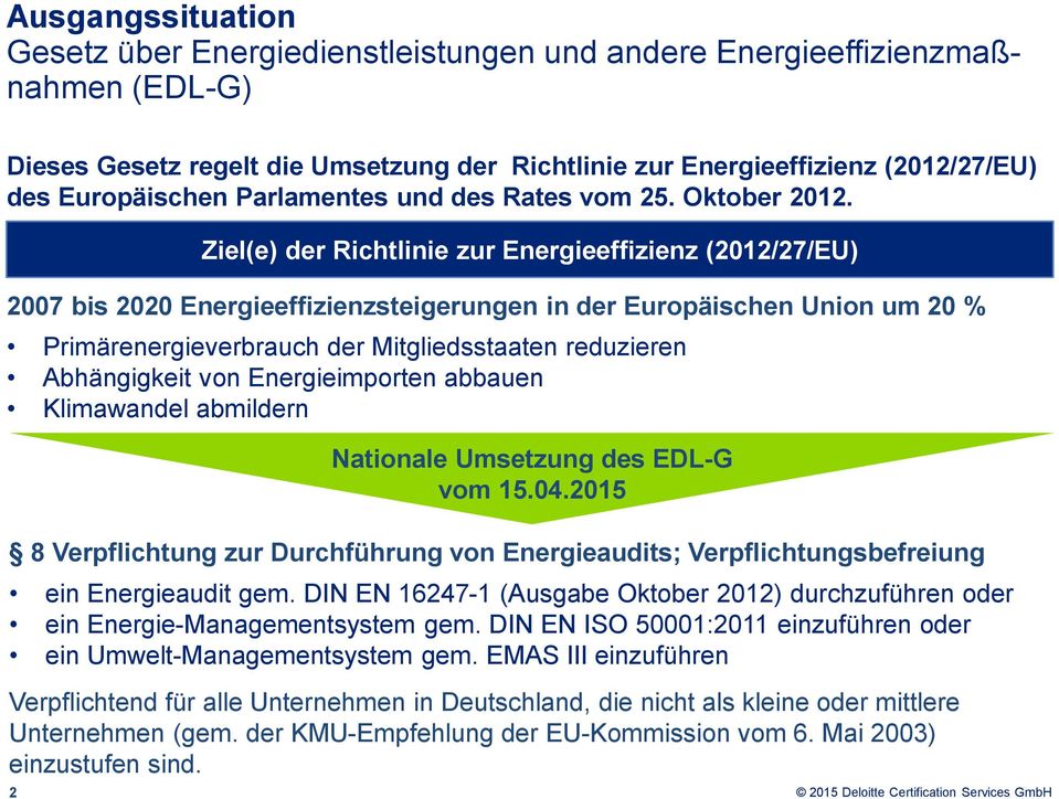 2 Ziel(e) der Richtlinie zur Energieeffizienz (2012/27/EU) 2007 bis 2020 Energieeffizienzsteigerungen in der Europäischen Union um 20 % Primärenergieverbrauch der Mitgliedsstaaten reduzieren
