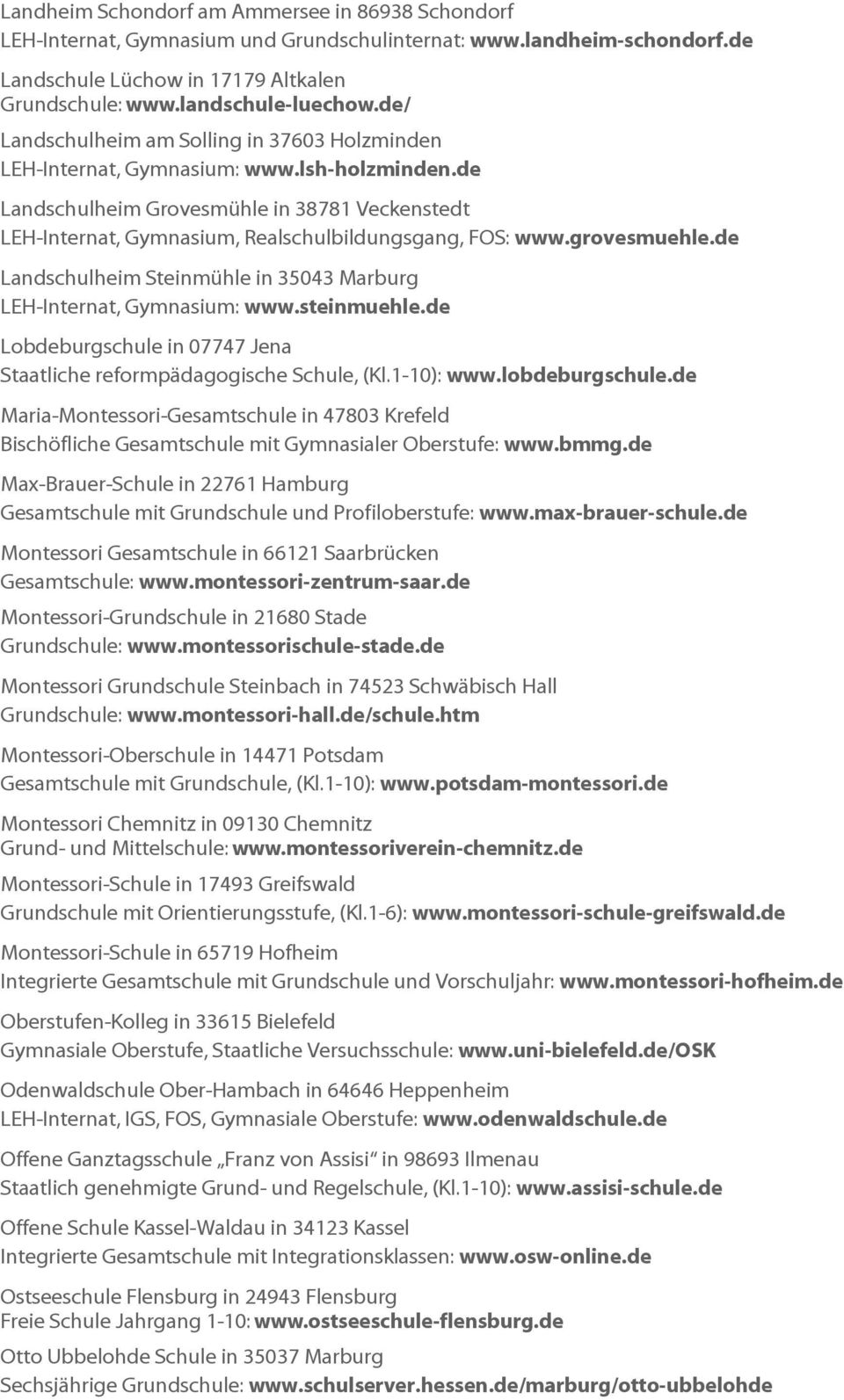 grovesmuehle.de Landschulheim Steinmühle in 35043 Marburg LEH-Internat, Gymnasium: www.steinmuehle.de Lobdeburgschule in 07747 Jena Staatliche reformpädagogische Schule, (Kl.1-10): www.