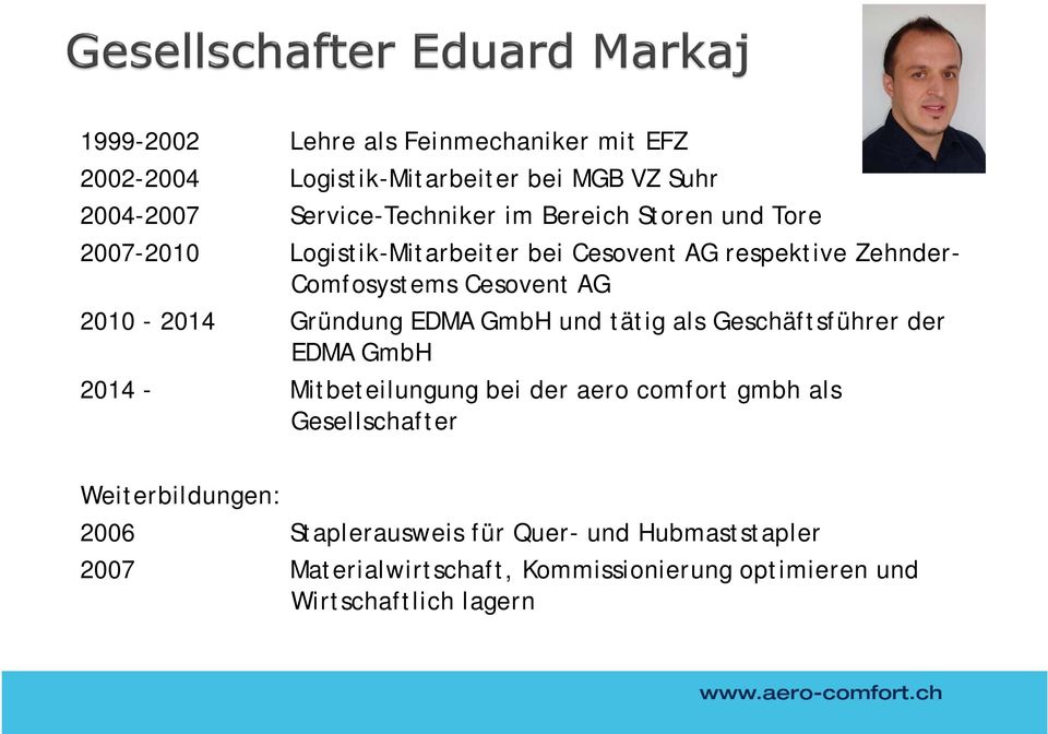 EDMA GmbH und tätig als Geschäftsführer der EDMA GmbH 2014 - Mitbeteilungung bei der aero comfort gmbh als Gesellschafter