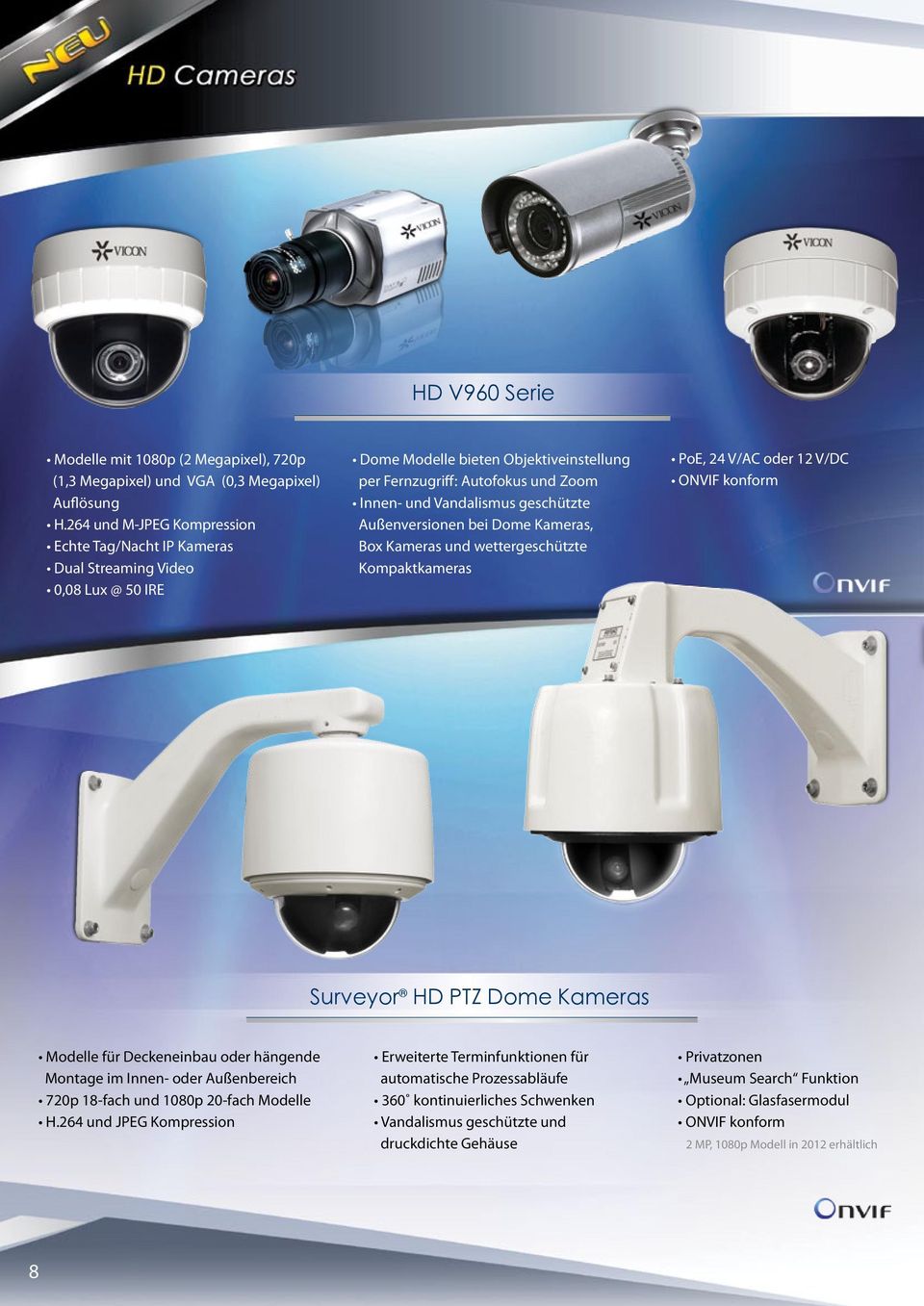 geschützte Außenversionen bei Dome Kameras, Box Kameras und wettergeschützte Kompaktkameras PoE, 24 V/AC oder 12 V/DC ONVIF konform Surveyor HD PTZ Dome Kameras Modelle für Deckeneinbau oder hängende