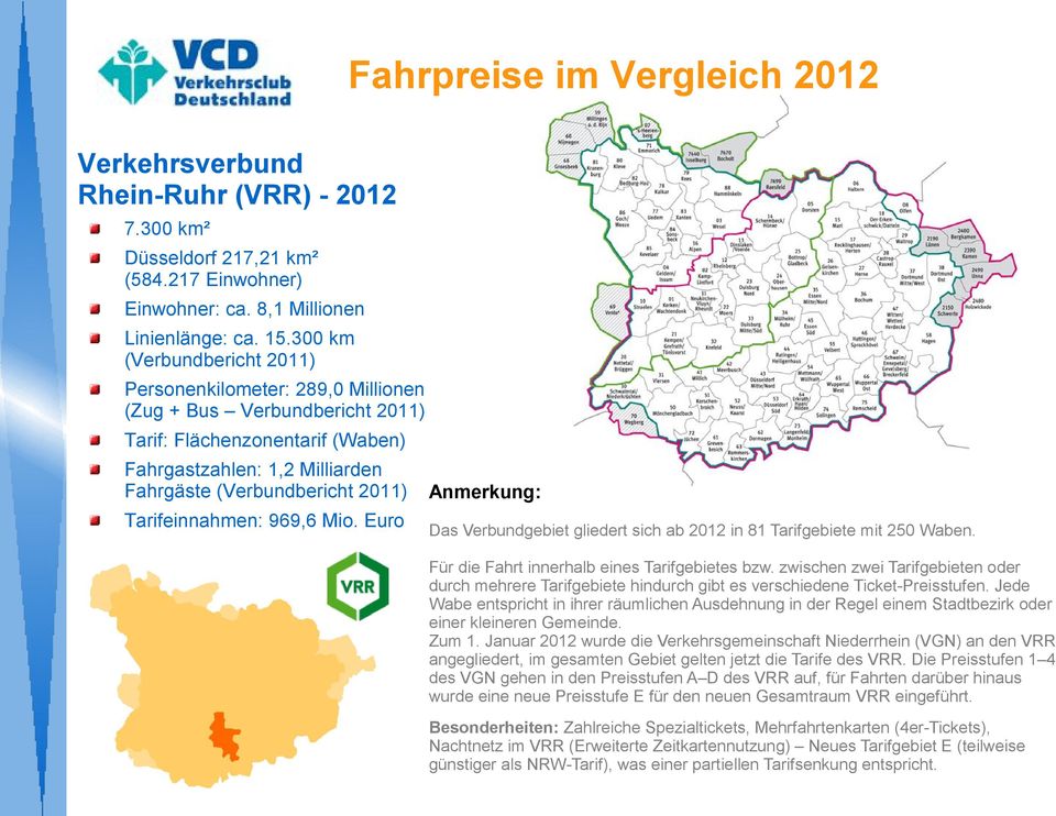 Tarifeinnahmen: 969,6 Mio. Euro Anmerkung: Das Verbundgebiet gliedert sich ab 2012 in 81 Tarifgebiete mit 250 Waben. Für die Fahrt innerhalb eines Tarifgebietes bzw.