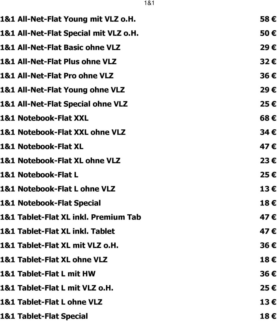 1&1 All-Net-Flat Basic ohne VLZ 1&1 All-Net-Flat Plus ohne VLZ 1&1 All-Net-Flat Pro ohne VLZ 1&1 All-Net-Flat Young ohne VLZ 1&1 All-Net-Flat Special ohne VLZ 1&1