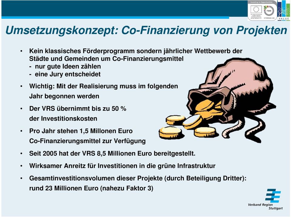 bis zu 50 % der Investitionskosten Pro Jahr stehen 1,5 Millonen Euro Co-Finanzierungsmittel zur Verfügung Seit 2005 hat der VRS 8,5 Millionen Euro