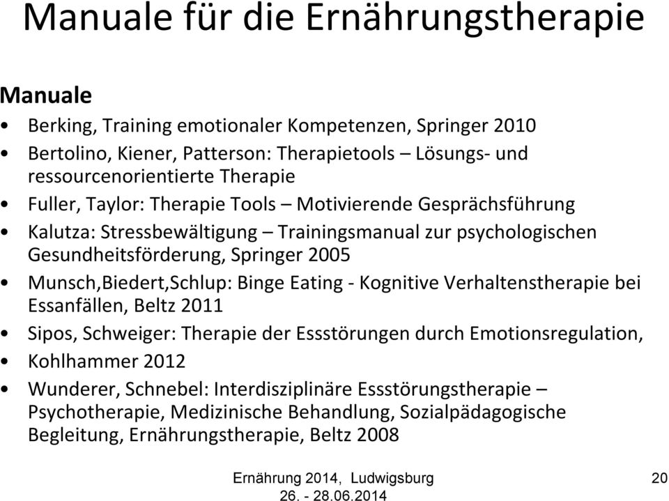 Gesundheitsförderung, Springer 2005 Munsch,Biedert,Schlup: Binge Eating - Kognitive Verhaltenstherapie bei Essanfällen, Beltz 2011 Sipos, Schweiger: Therapie der