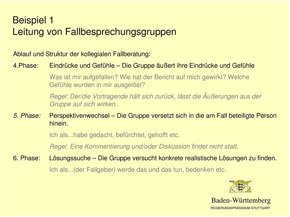 Regel: Der/die Vortragende hält sich zurück, lässt die Äußerungen aus der Gruppe auf sich wirken. 5.