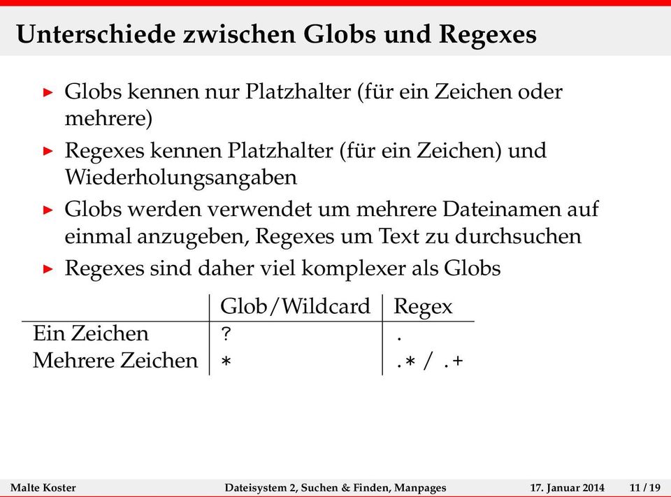 einmal anzugeben, Regexes um Text zu durchsuchen Regexes sind daher viel komplexer als Globs Glob/Wildcard