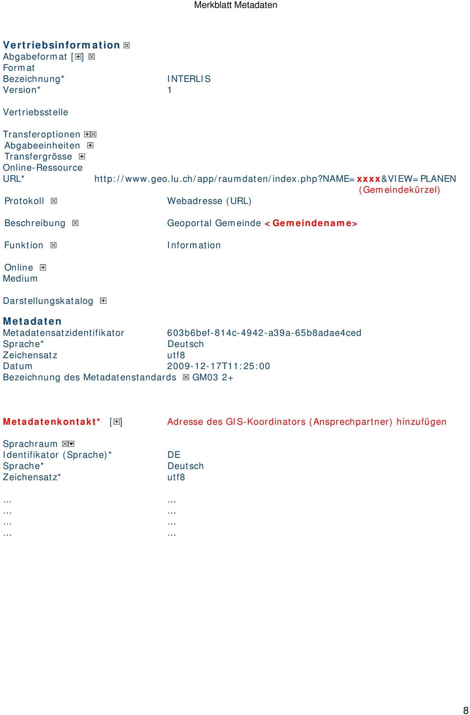 name=xxxx&view=planen (Gemeindekürzel) Webadresse (URL) Geoportal Gemeinde <Gemeindename> Information Online Medium Darstellungskatalog Metadaten