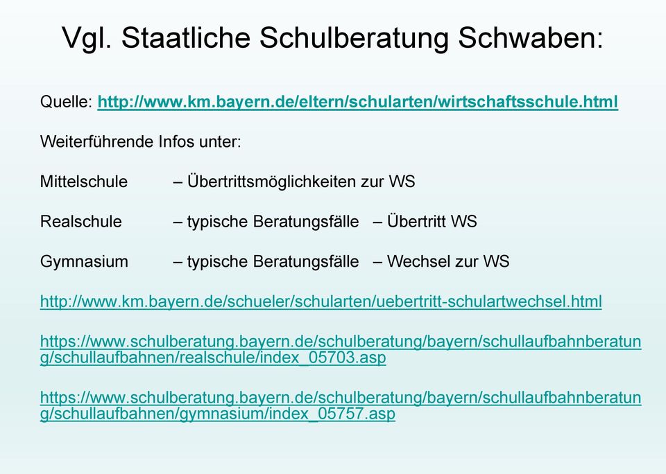 Beratungsfälle Wechsel zur WS http://www.km.bayern.de/schueler/schularten/uebertritt-schulartwechsel.html https://www.schulberatung.bayern.de/schulberatung/bayern/schullaufbahnberatun g/schullaufbahnen/realschule/index_05703.