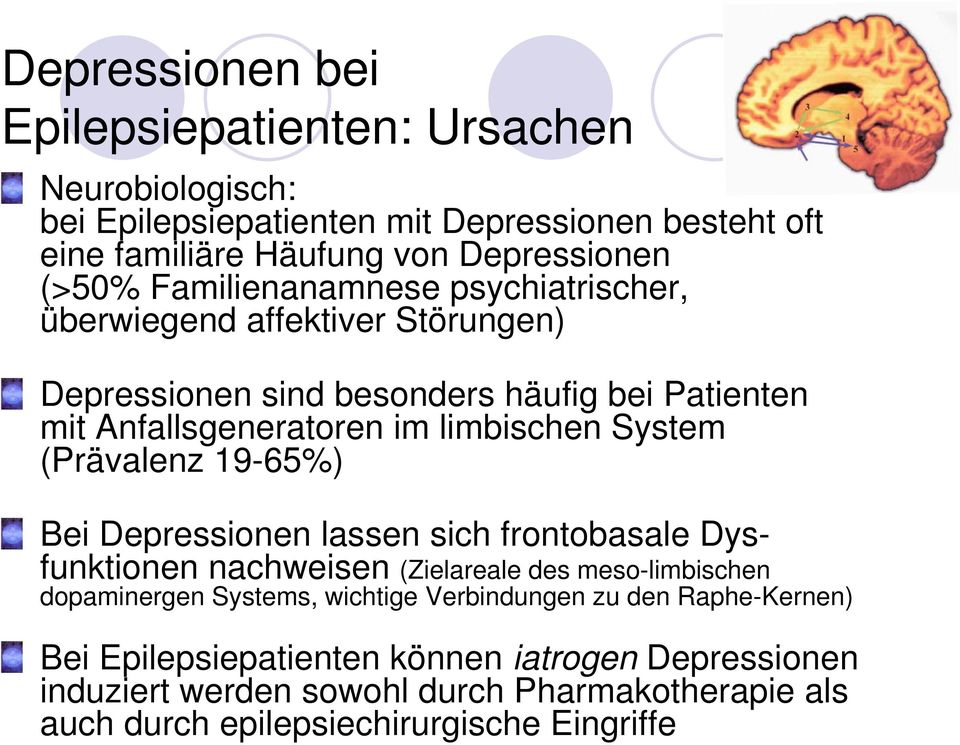 (Prävalenz 19-65%) Bei Depressionen lassen sich frontobasale Dysfunktionen nachweisen (Zielareale des meso-limbischen dopaminergen Systems, wichtige Verbindungen