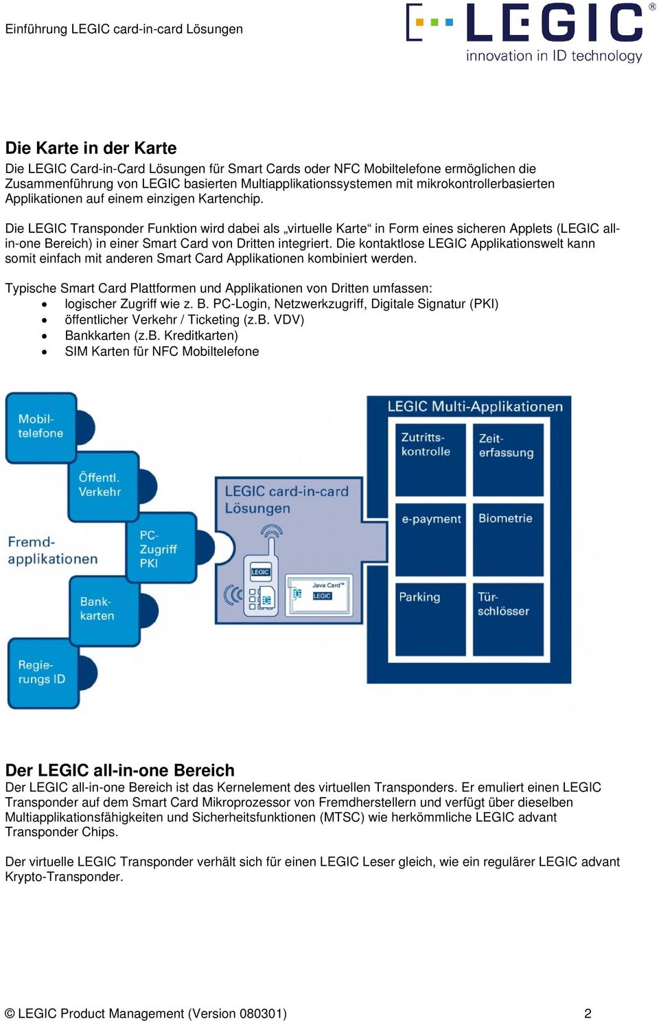 Die LEGIC Transponder Funktion wird dabei als virtuelle Karte in Form eines sicheren Applets (LEGIC allin-one Bereich) in einer Smart Card von Dritten integriert.