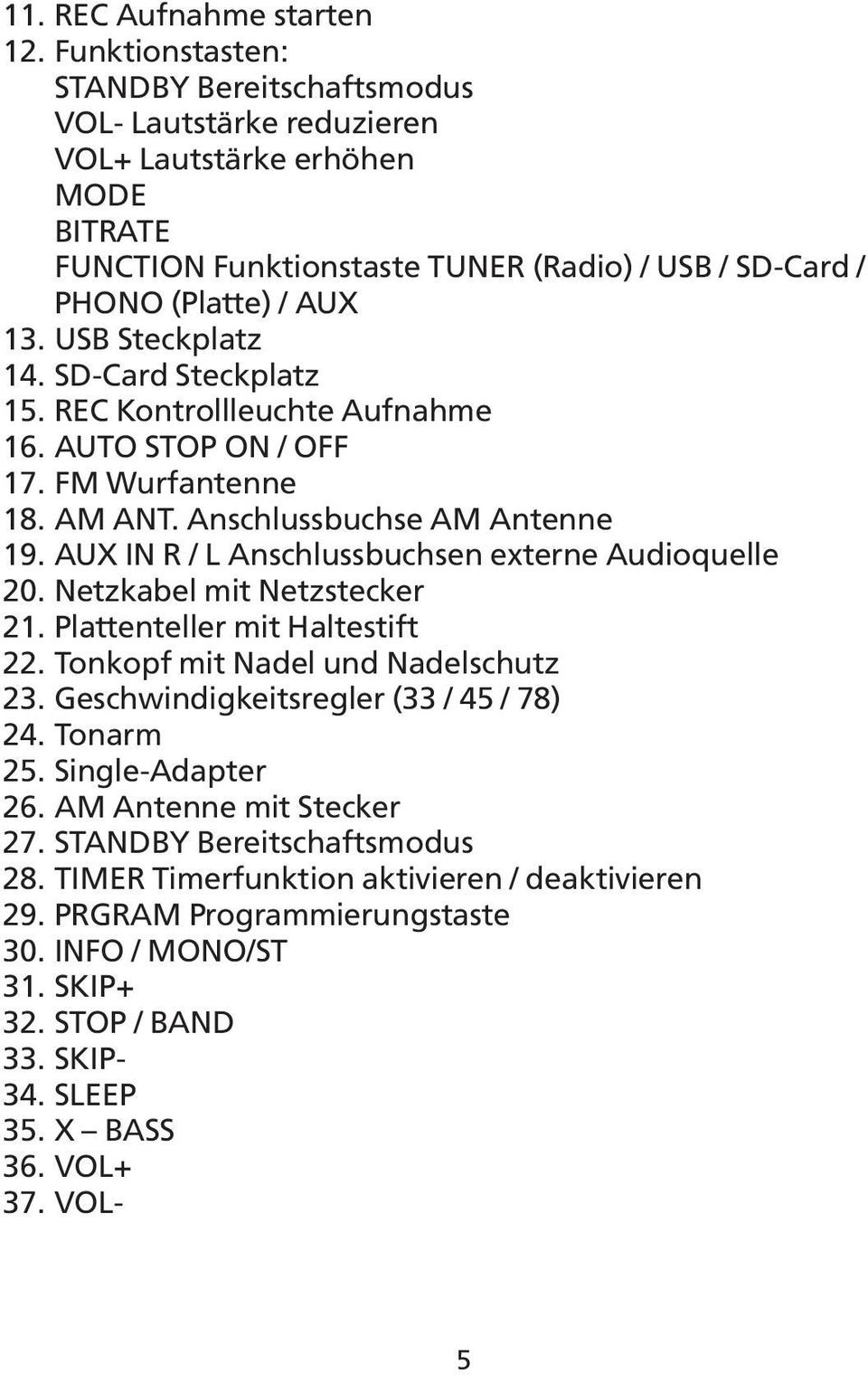USB Steckplatz 14. SD-Card Steckplatz 15. REC Kontrollleuchte Aufnahme 16. AUTO STOP ON / OFF 17. FM Wurfantenne 18. AM ANT. Anschlussbuchse AM Antenne 19.